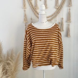 Free People Sherpa Teddy sweatshirt top golden yellow stripe faux boat neck xs